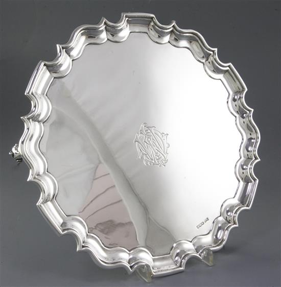 A George V silver salver, by Walker & Hall, Diameter 310mm Weight: 26.5oz/826grms